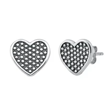 Sterling Silver Oxidized Promise Heart Granulated Love Simple Polka Dot Earrings