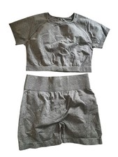 Women  s Shorts Set Seamless Workout Set 2PC Crop Top Biker Scrunch Back Gray 3XL