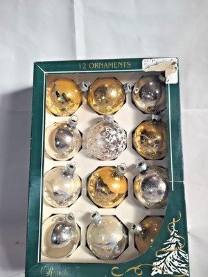 12 Vintage Rauch Glass Ornaments Silver & Gold With Stenciled Glitter 2.5'' 180A
