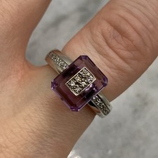 925 Sterling Silver Amethyst & CZ Emerald Cut Ring  - Size N