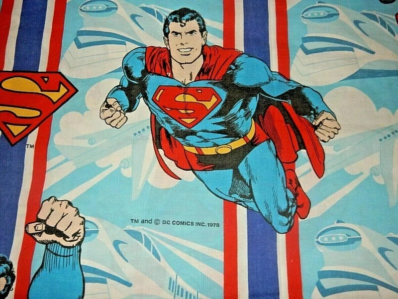 6G6H Set of 2 Vintage Disney SUPERMAN cotton blend Twin Flat Bed Sheets {Fabric}