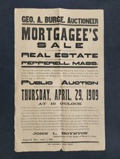 1909 antique AUCTION BROADSIDE pepperell ma HENRY COREY estate BURGE auctioneer