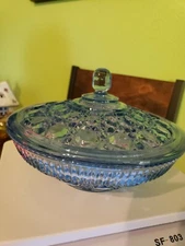 Indiana Periwinkle Blue Buttons And Cane Bowl With Lid