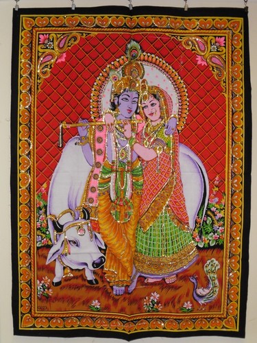 Hindu God Radha Krishna with Cow Sequined Indian Wall Hanging 80 x 110 cm - 第 1/4 張圖片