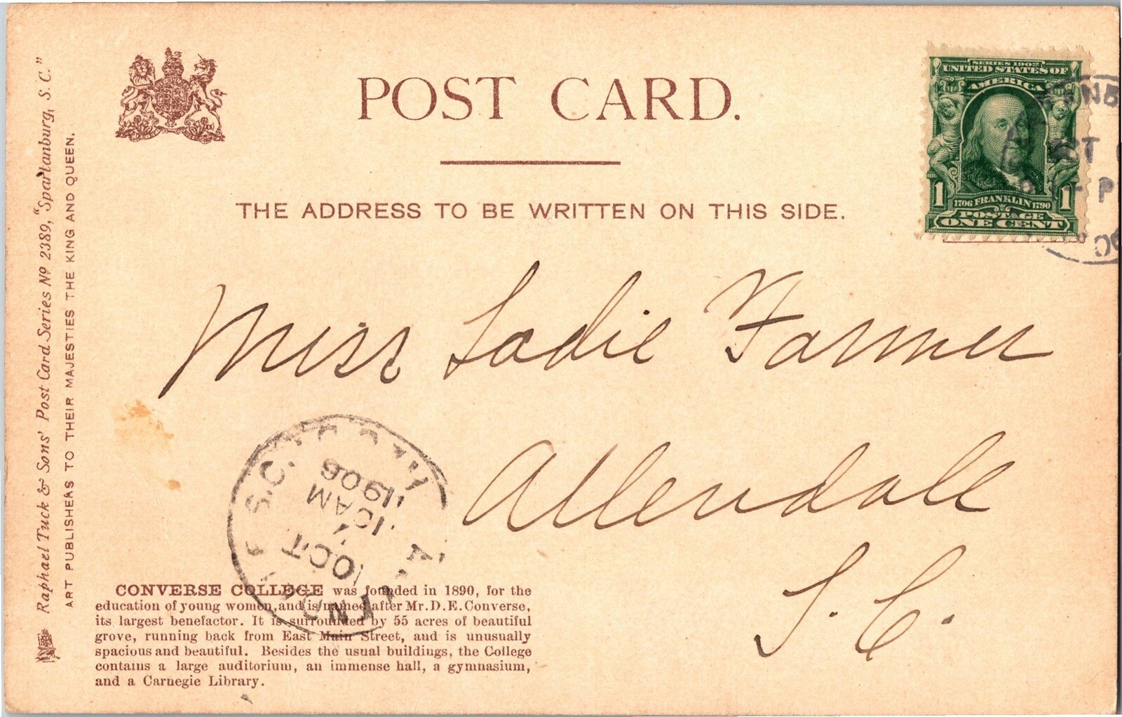 Tucks 5389 Spartanburg SC Converse College c1906 Vintage Postcard R23 thumbnail 2
