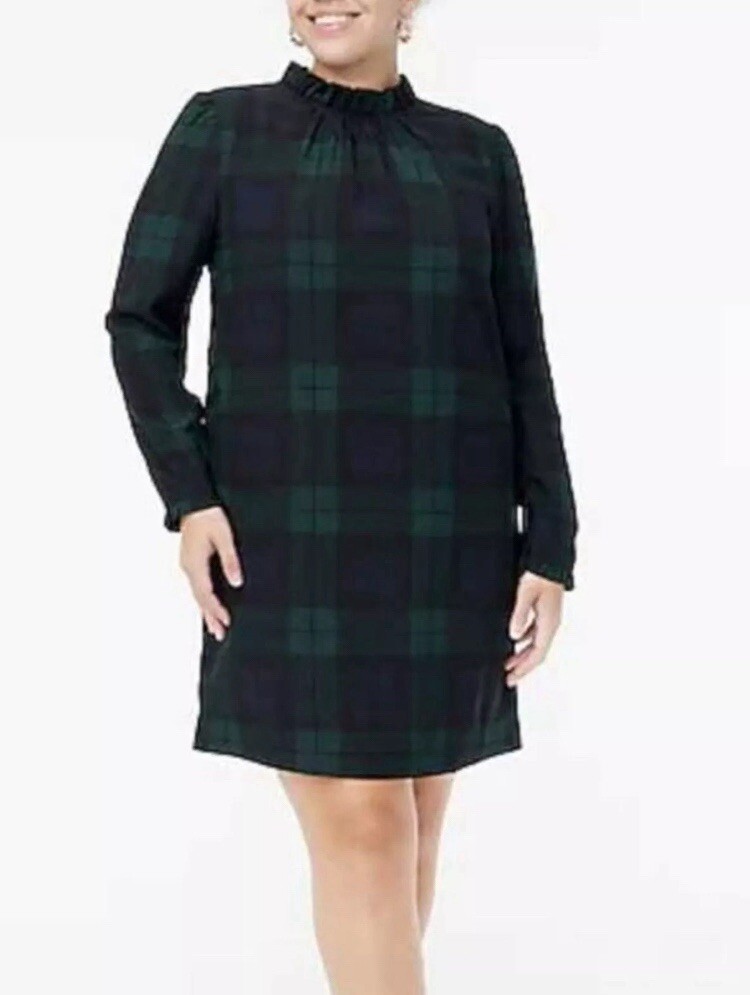 J. Crew Factory Ruffleneck Shift Dress Green & Black Watch Tartan Plaid Size 20 J. Crew Factory Ruffleneck Shift Dress Green & Black Watch Tartan Plaid Size 20