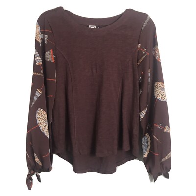 Akemi + Kin Anthropologie Maybelle Tie Sleeve Blouse Shirt-Brown-Umbrellas-XS