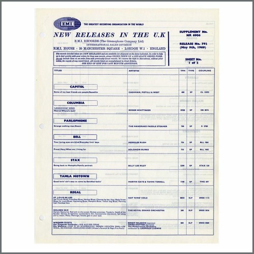 The Beatles EMI New Release Sheets May 1969 (UK) - Imagen 3 de 3