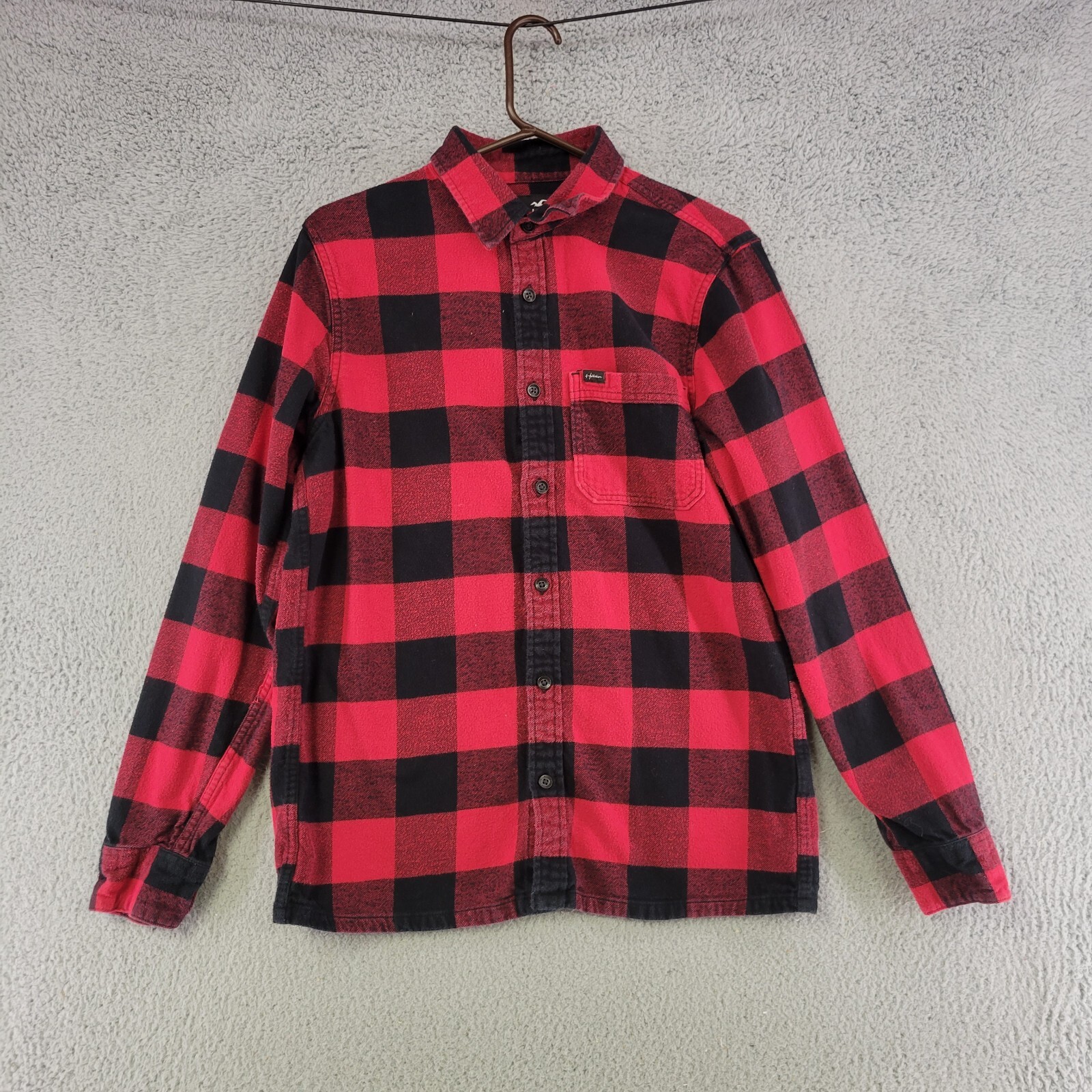 Hollister Flannel Shirt Mens Medium Red Check Button Up Long Sleeve Chest Pocket-image