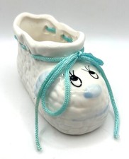 Vintage Ceramic Baby Shoe Planter Blue Laces Adorable Face Shower Gift