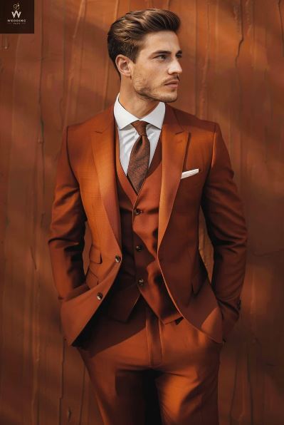 Men's Rust-Colored 3-Piece Wedding Suit Custom Terracotta Suit