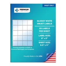 500 Premium Glossy White 2" x 2" Square Self Adhesive Labels Inkjet 20 per sheet