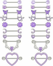 9 Pairs Nipple Rings Stainless Steel Heart Butterfly Moon Flower CZ Barbell T...