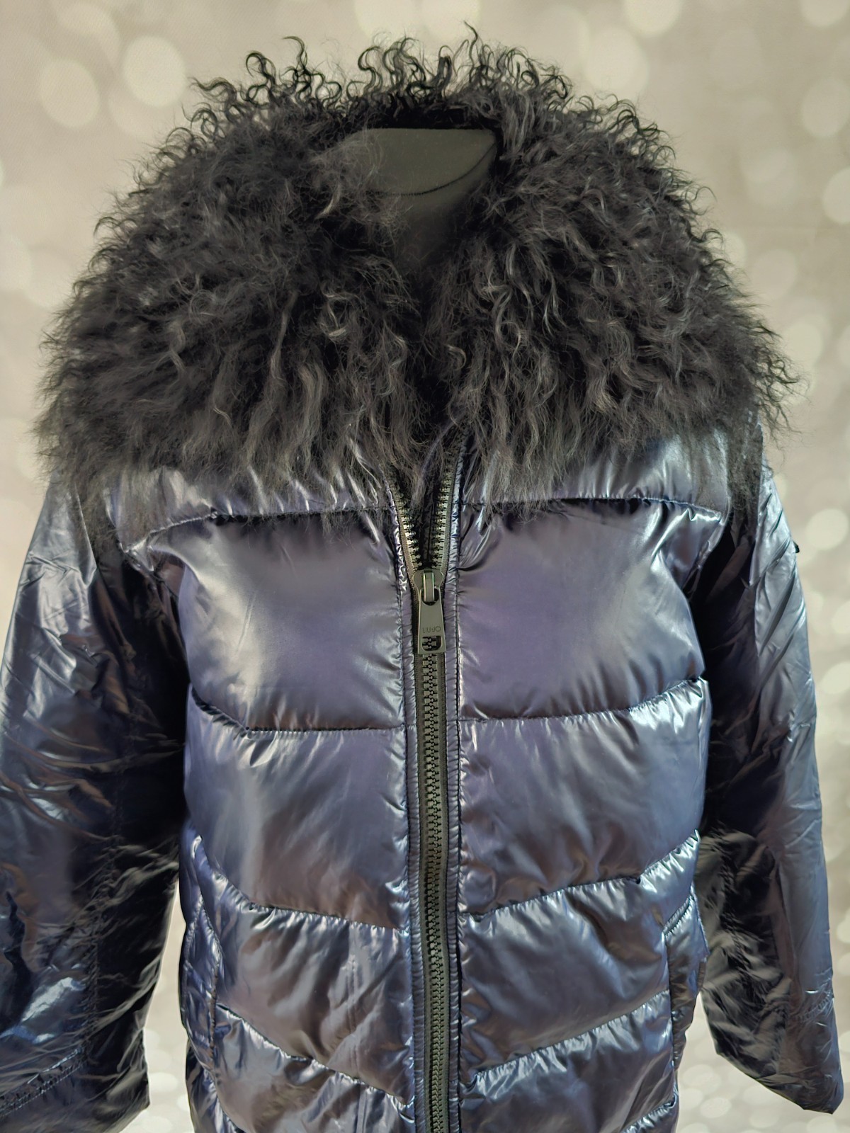 Liu Jo Women’s Long Puffer Coat Fur Collar Blue Night Shiny Parka Size EU 42 NWT image 2