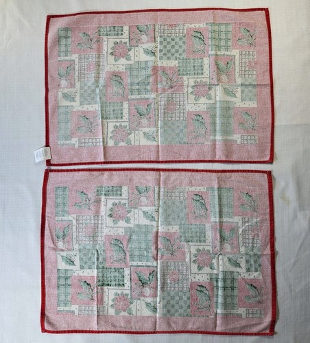Set 2 Christmas Holiday Linen Placemats Red Green Plaid Poinsettia Holly Berries - Picture 8 of 14
