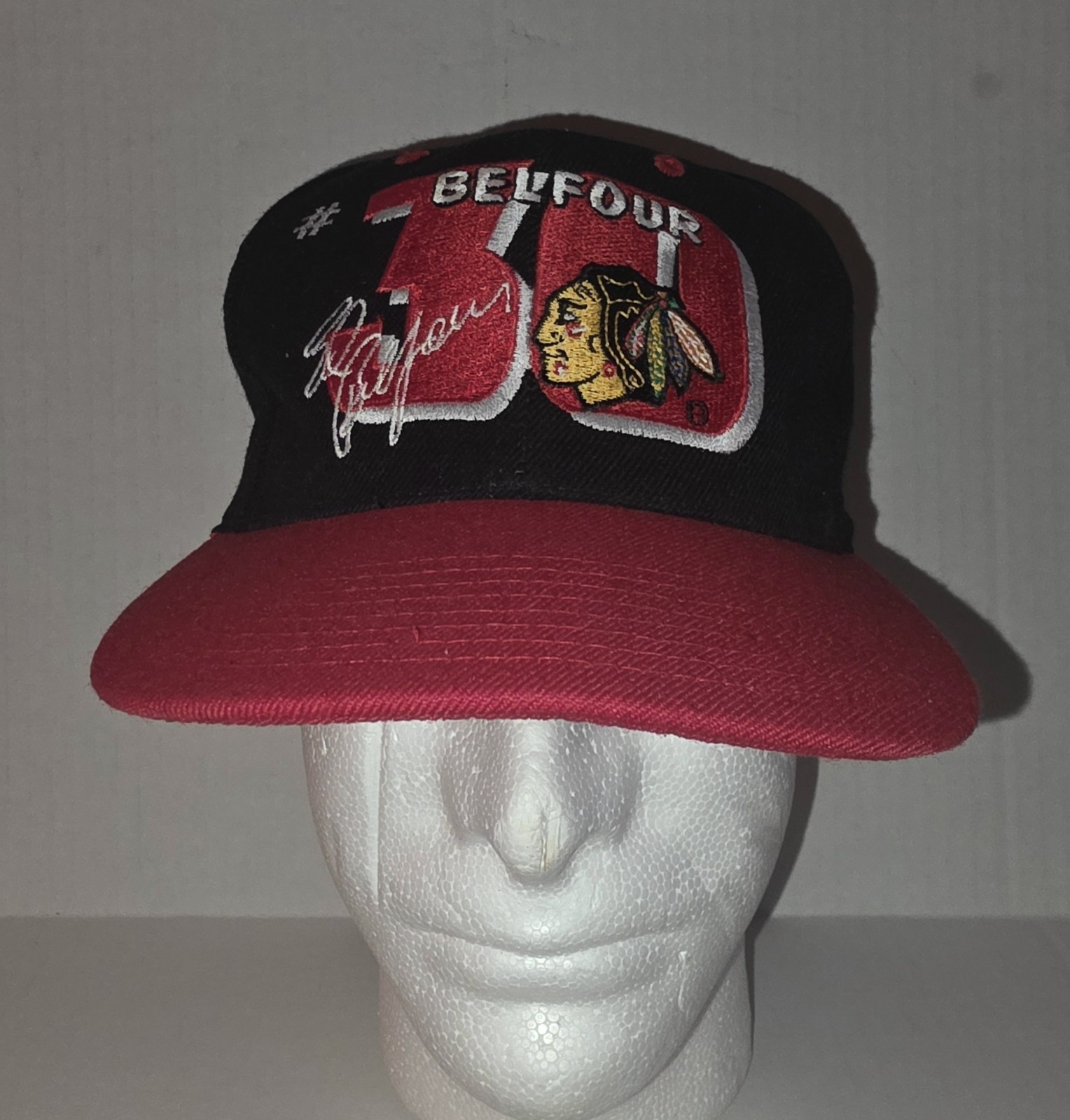 Vintage 90s Chicago Blackhawks Ed Belfour #30 AJD Snapback Hat 