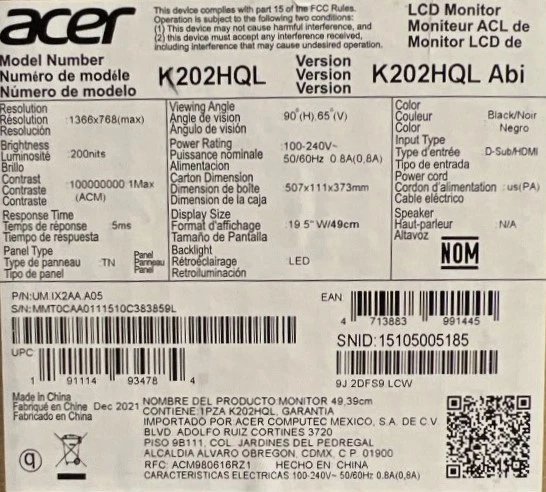 New in Box: Acer K202HQL 19.5 inch Widescreen HD LED Monitor - Image 3 of 3