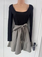 SHEIN Black Ribbed Gingham Tie Waist Skater Dress Women's XS UK 4-6 B76