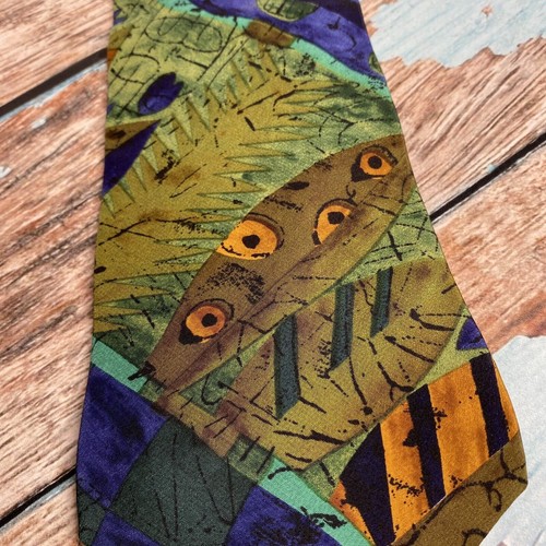 Nino Cerruti Necktie - Abstract Blue Gold Print 100% Silk Crepe Made In USA - Picture 7 of 12