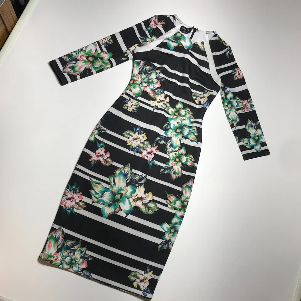 Vestido Bebe para mujer XS blanco negro a rayas estampado tropical cuello redondo midi ceñido al cuerpo Foto 2 de 4