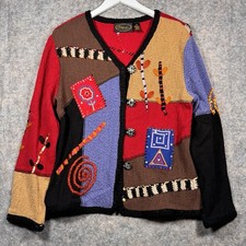 Vintage Alex Kim Knit Embroidered Cardigan Sweater Womens Size M 20x25 Patchwork