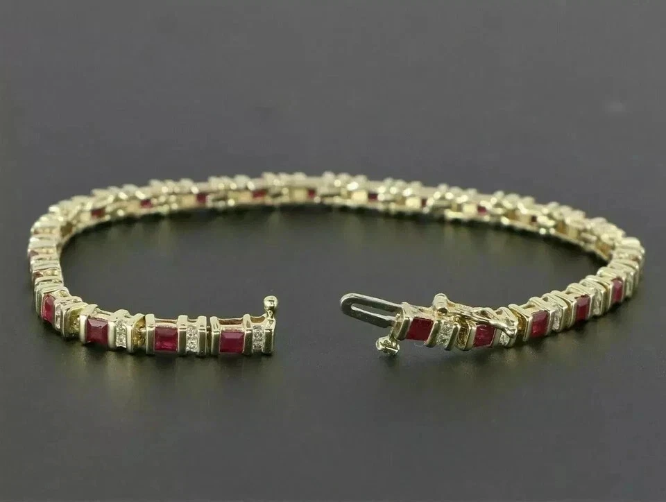 10CT Princess Cut Lab Created Ruby Men's Tennis Bracelet 14K Yell Gold Plated 7" - Image 2 of 4