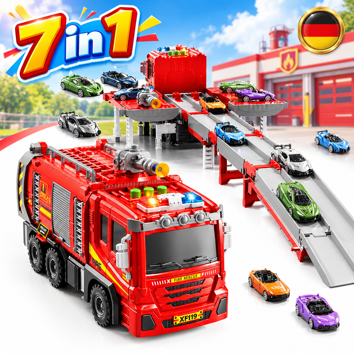 LKW Feuerwehrauto mit Licht und Sound Auto Transporter Kinder Spielzeug Geschenk