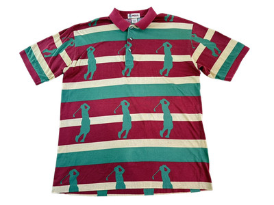 Antigua Vintage 1990s All Over GOLFER Graphic Retro Stripe Men L Golf Polo Shirt