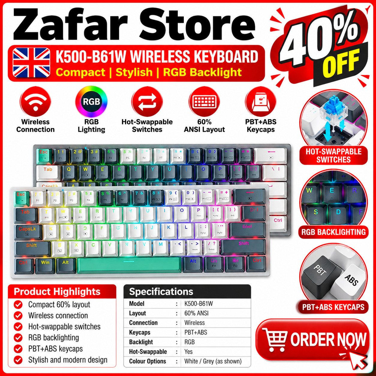 Wireless Mechanical Keyboard 60% RGB Hot-Swappable Gaming MACHENIKE K500-B61W