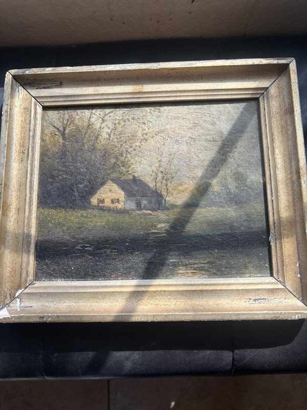 Vintage Rustic Landscape Original Oil Painting On Canvas with Wooden Frame