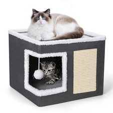 Cat Bed for Indoor Cats, Large Covered Cat House with Scratch Pad, Foldable C...