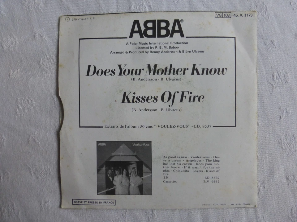 abba-does your mother know-kisses of fire-SP 45 tours - Photo 2/2