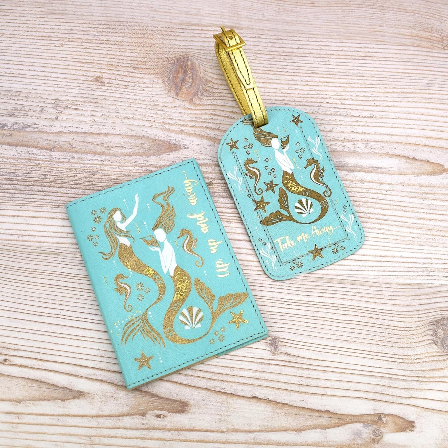 Leather Luggage Tag with ID Card Identifier Suitcase Tag, Mermaids, Set of 2