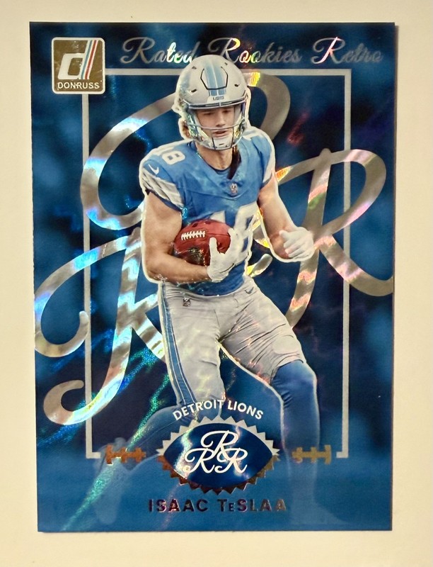 2025 Donruss Rated Rookies Retro Blue Velocity Isaac Tesla RC Detroit Lions