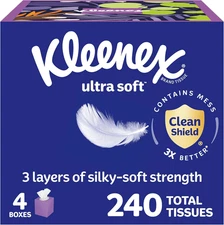 Kleenex Ultra Soft Facial Tissues 4 Cube Boxes 3-Ply 240 Total Tissues