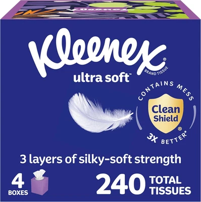 KIMBERLY-CLARK CORP. Kleenex Ultra Soft Facial Tissues 4 Cube Boxes 3-Ply 240 Total Tissues