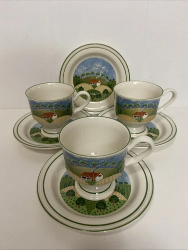Sango Sangostone - Country Cottage 3645 - Set of 3 Footed Cups & 4 Saucers