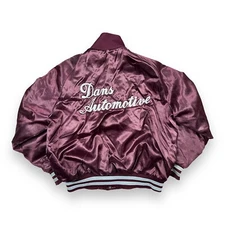 Vintage 80s Satin Bomber Jacket Snap XL Burgundy Chain Stitched Dans Automotive