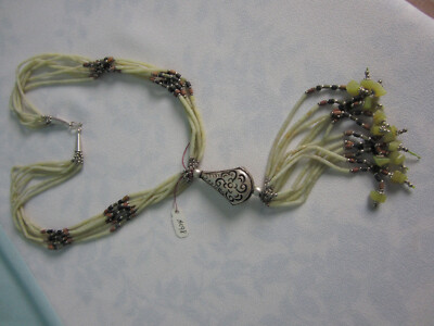Natural Jade Bead Necklace Pale Green 24  ins  Pendant Black Grey Silver NWT