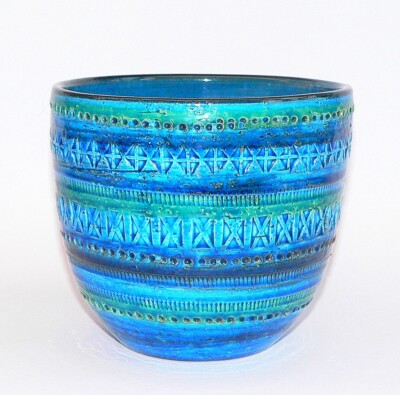 Bitossi Vase Aldo Londi Rimini blau Keramik Übertopf 17cm 50er Jahre