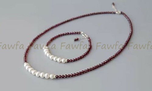 Natural 4mm Faceted Red Garnet 6-7mm White Freshwater Pearl Necklace Bracelet - Picture 4 of 6