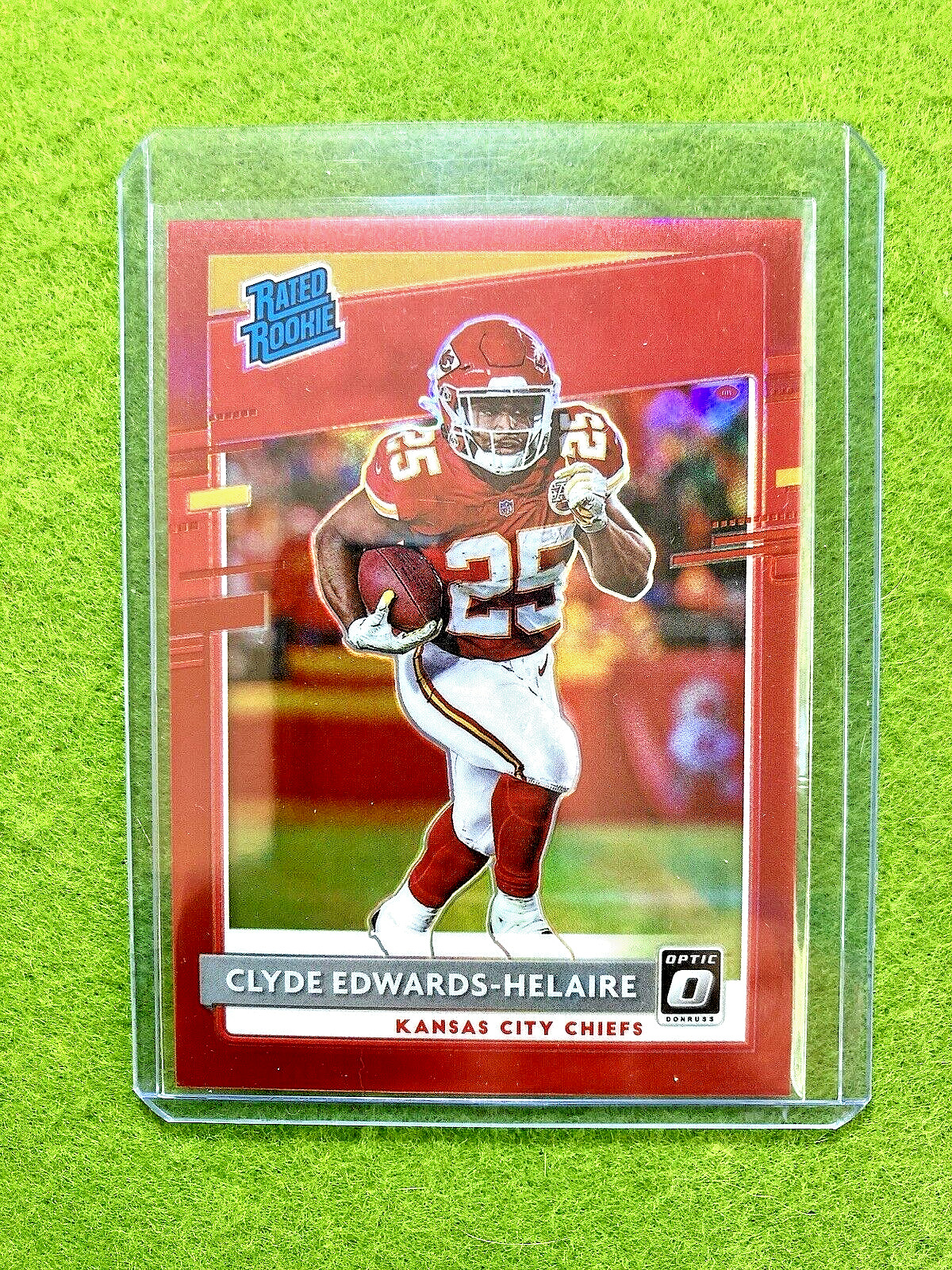 Clyde Edwards Helaire RED PRIZM # /99 OPTIC RATED ROOKIE CARD 2020 Donruss Optic