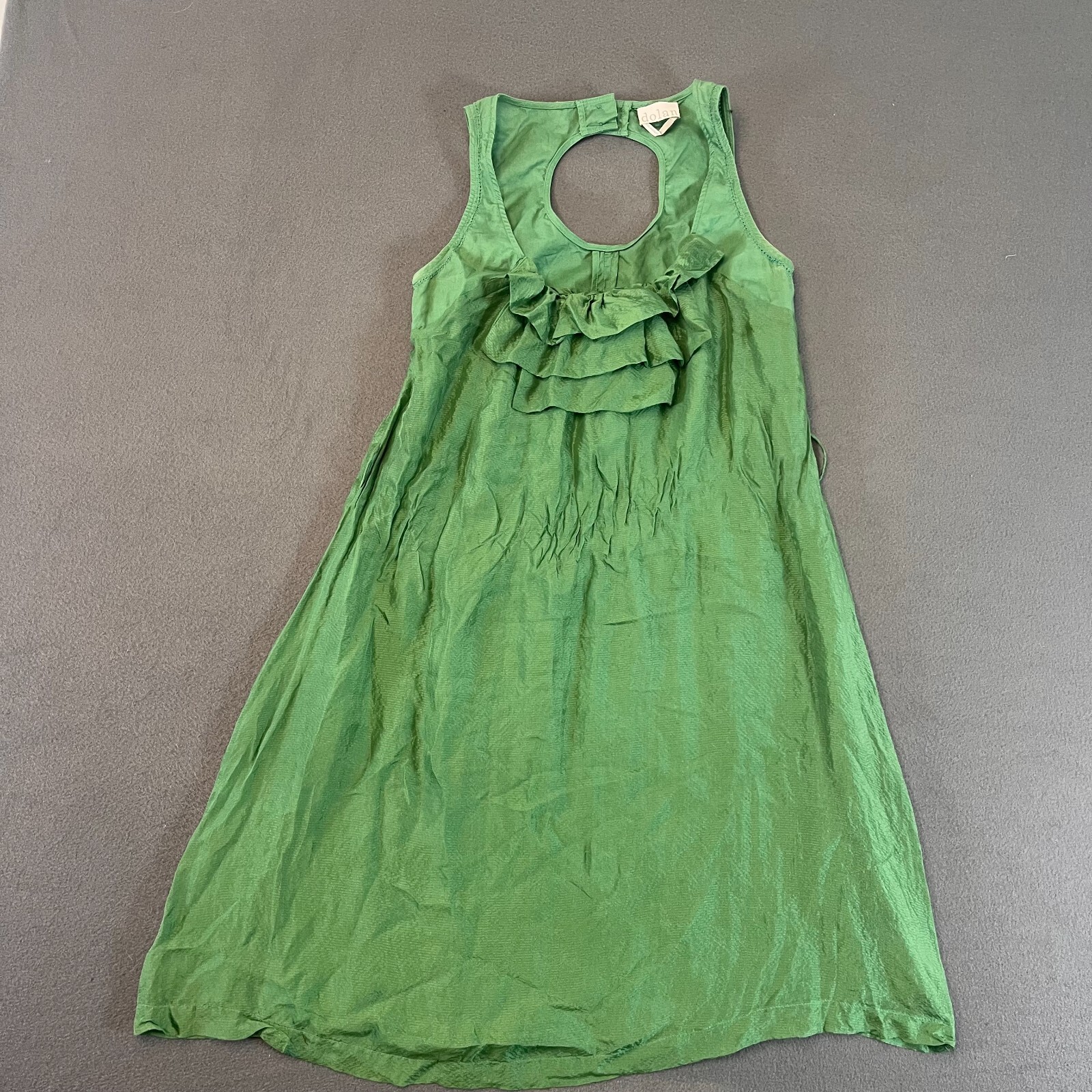 Dolan Anthropologie Womens XS Dress Silk Green Ruffled Neckline Floral Mid USA