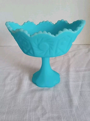 Fenton  Satin Glass Blue Pedestal Compote