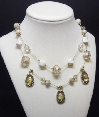 two layer gold tone pink/white acrylic beads and stones necklace