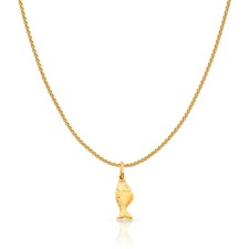 14K Yellow Gold Fish Charm Pendant with 0.9mm Wheat Chain Necklace