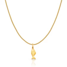 14K Yellow Gold Fish Charm Pendant with 0.9mm Wheat Chain Necklace
