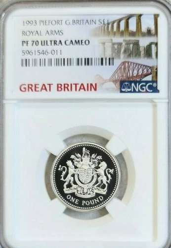 1993 GREAT BRITAIN SILVER 1 POUND PIEFORT ROYAL ARMS NGC PF 70 ULTRA CAMEO RARE