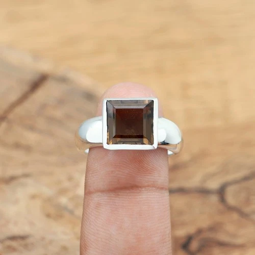 Natural Smoky Quartz Solid 925 Sterling Silver Men & Women Square Ring - product listing photo