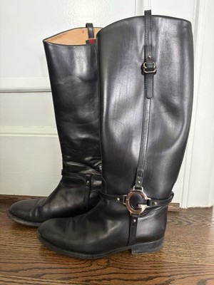 Gucci Black Leather Tall Riding Boots Equestrian Style Women s US 7.5 MPN 246703